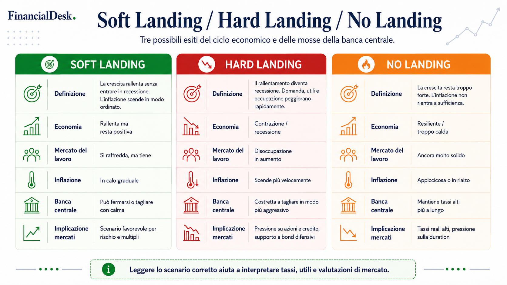 Schema a tre colonne: Soft Landing / Hard Landing / No Landing. Per ogni scenario: definizione in due righe, stato dell'economia, stato del mercato del lavoro, inflazione, azione della banca centrale,