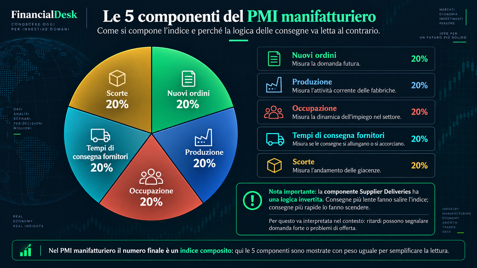 Grafico a torta con le cinque componenti del PMI manifatturiero e i loro pesi percentuali