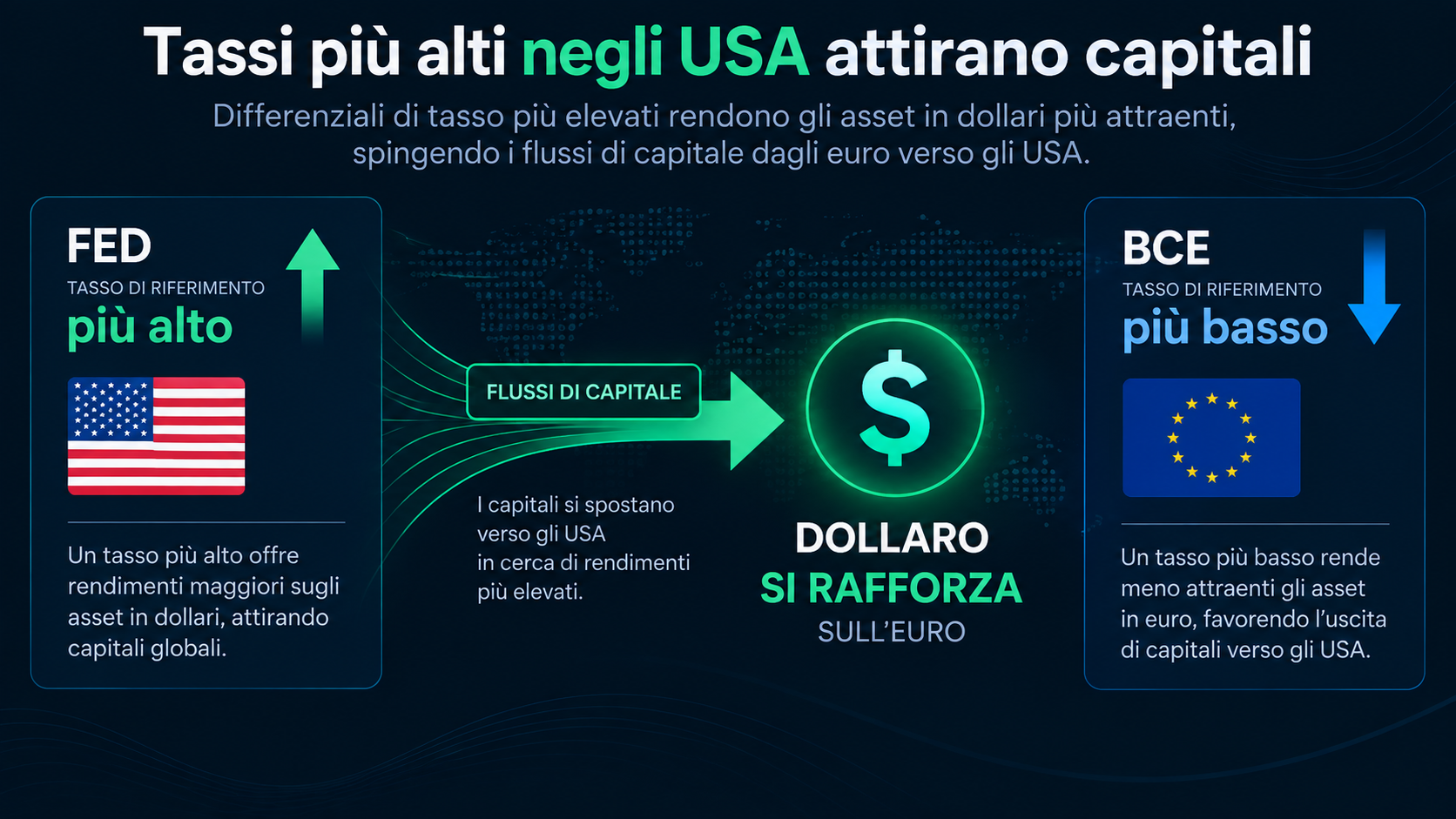 Schema con due frecce: una per il tasso Fed (più alto) e una per il tasso BCE (più basso)