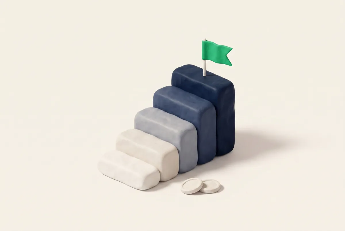 Scalinata di plastilina dal bianco al blu con bandierina verde in cima