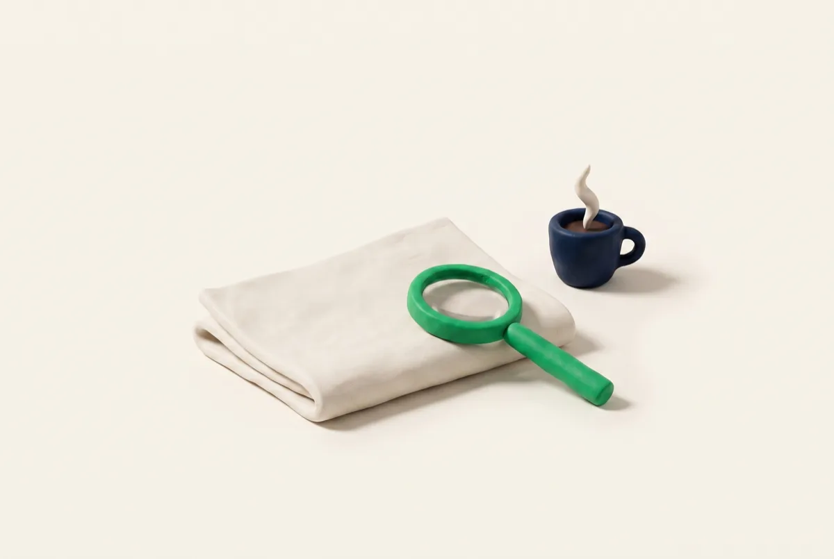 Quotidiano piegato in plastilina con lente verde e tazzina di caffè